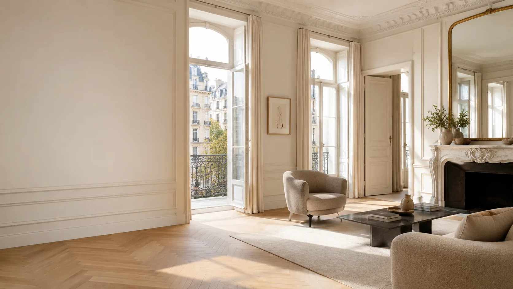 Intérieur lumineux d'une maison de maître bruxelloise : salon, parquet et moulures